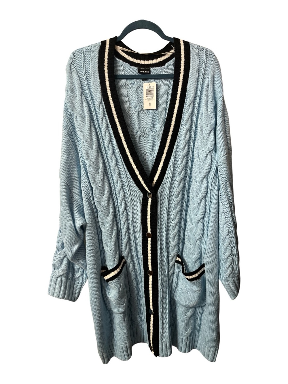 torrid Light Blue Cable Knit Cardigan with Black and White Trim Size 5X